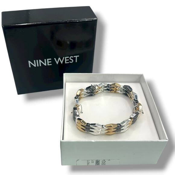 NEW Nine West Tri-Tone Basketweave Stretch Bracelet in Box Gold Gray Silver - Picture 1 of 7